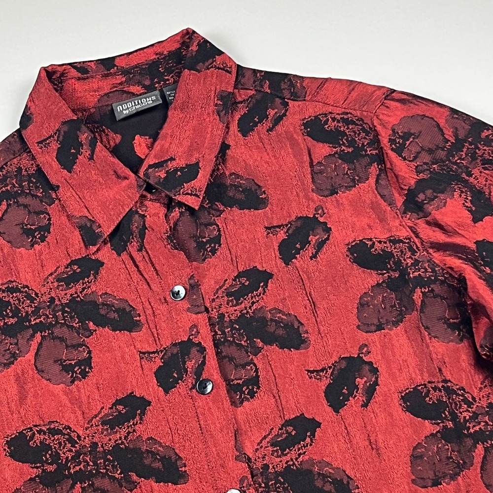 Additions by Chicos Floral Jacquard Crinkle Button Up Blouse Size 2 (L) Red Blk